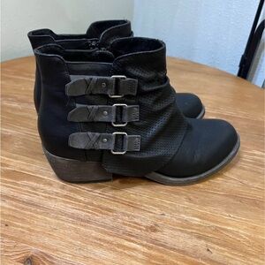 Women's faux lather Black Ankle Boots with Buckle Detail